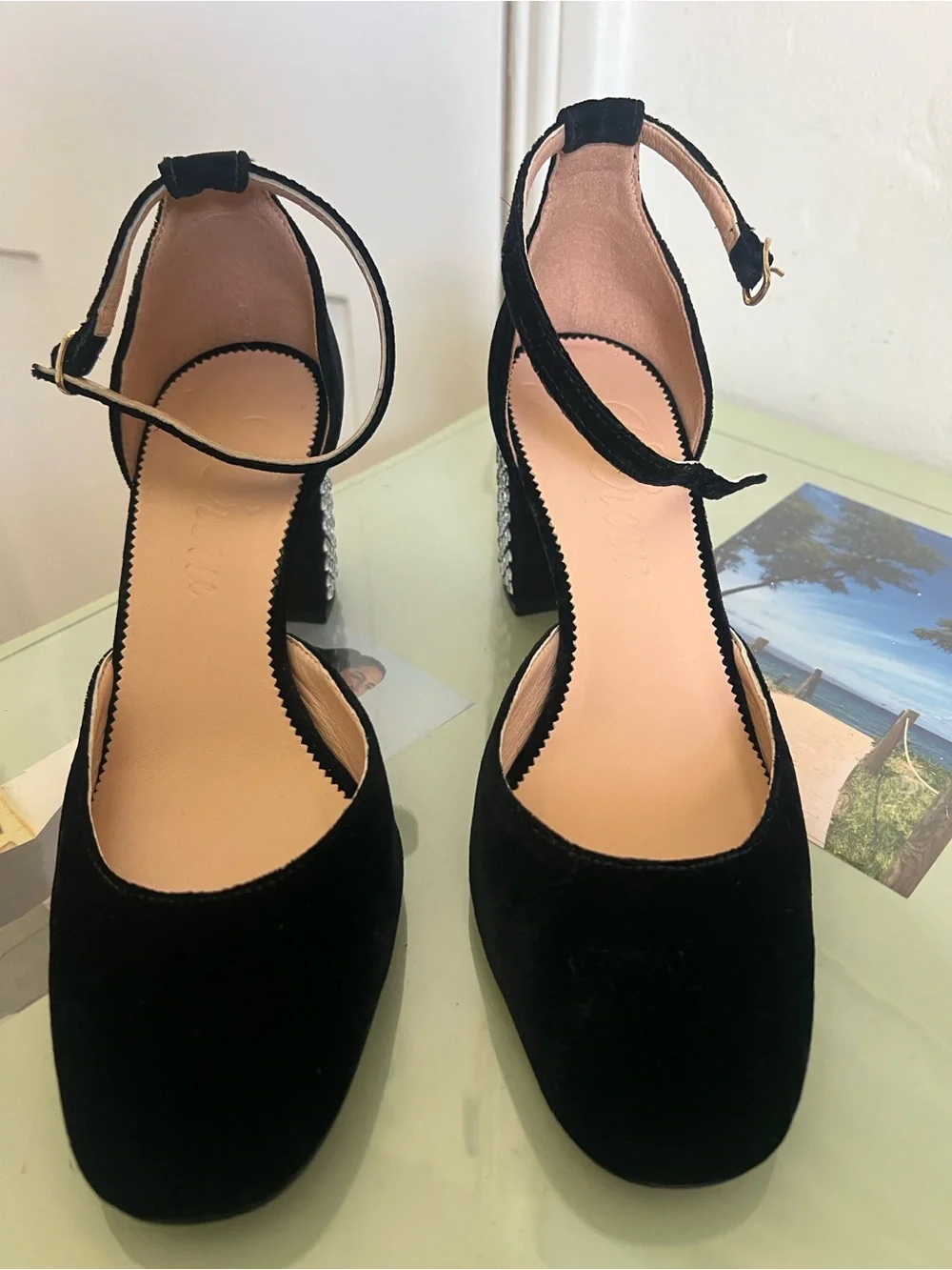 J. Crew Black Velvet Studded Block Heel Pumps with Ankle Strap